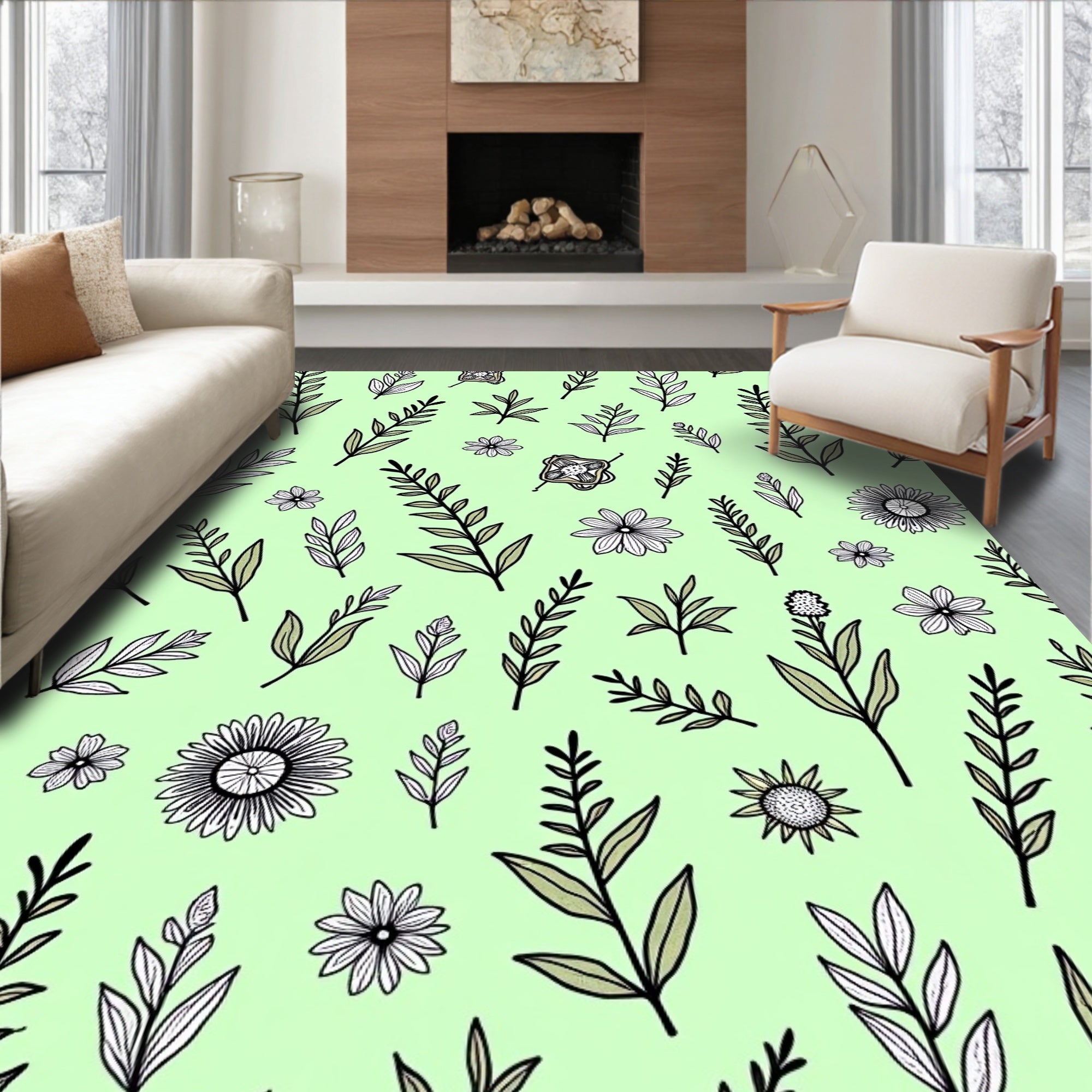 Light Green Botanical Sketch Pattern Rug