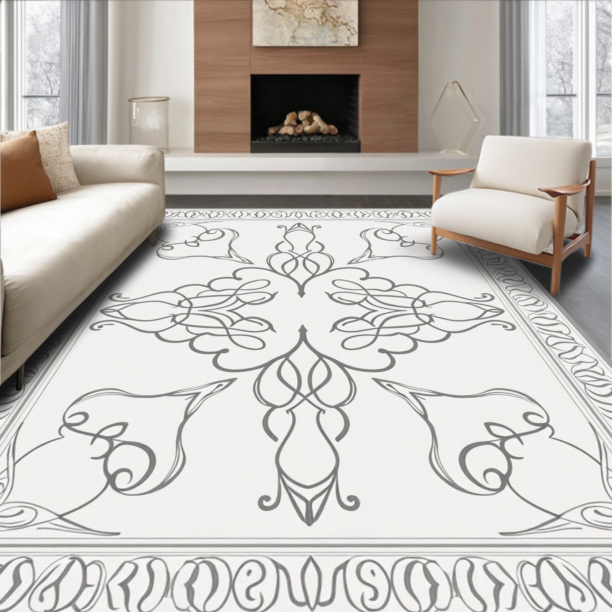 Sophisticated Grey Swirl Border Pattern Rug