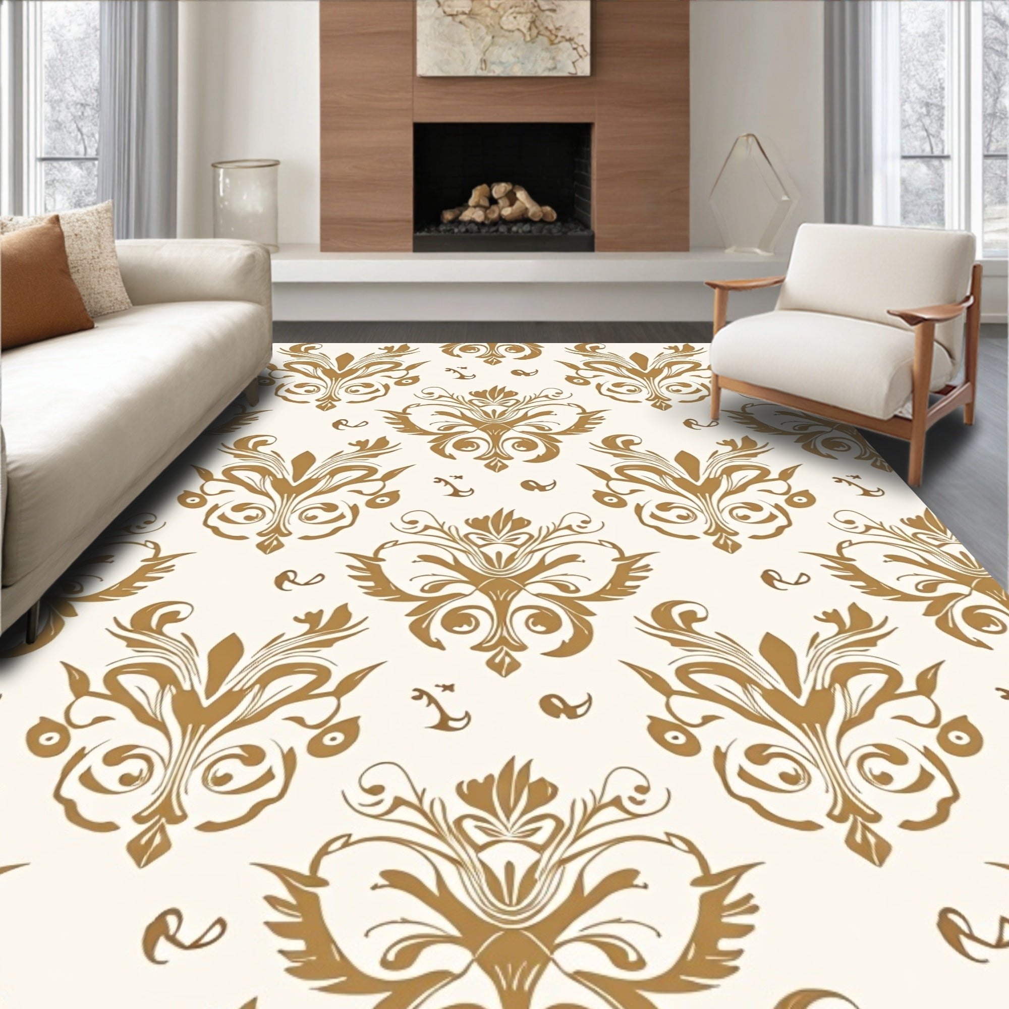 Golden Damask Scroll Pattern Rug