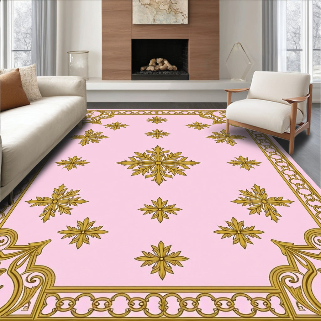 Golden Scrollwork Floral Pattern Pink Rug