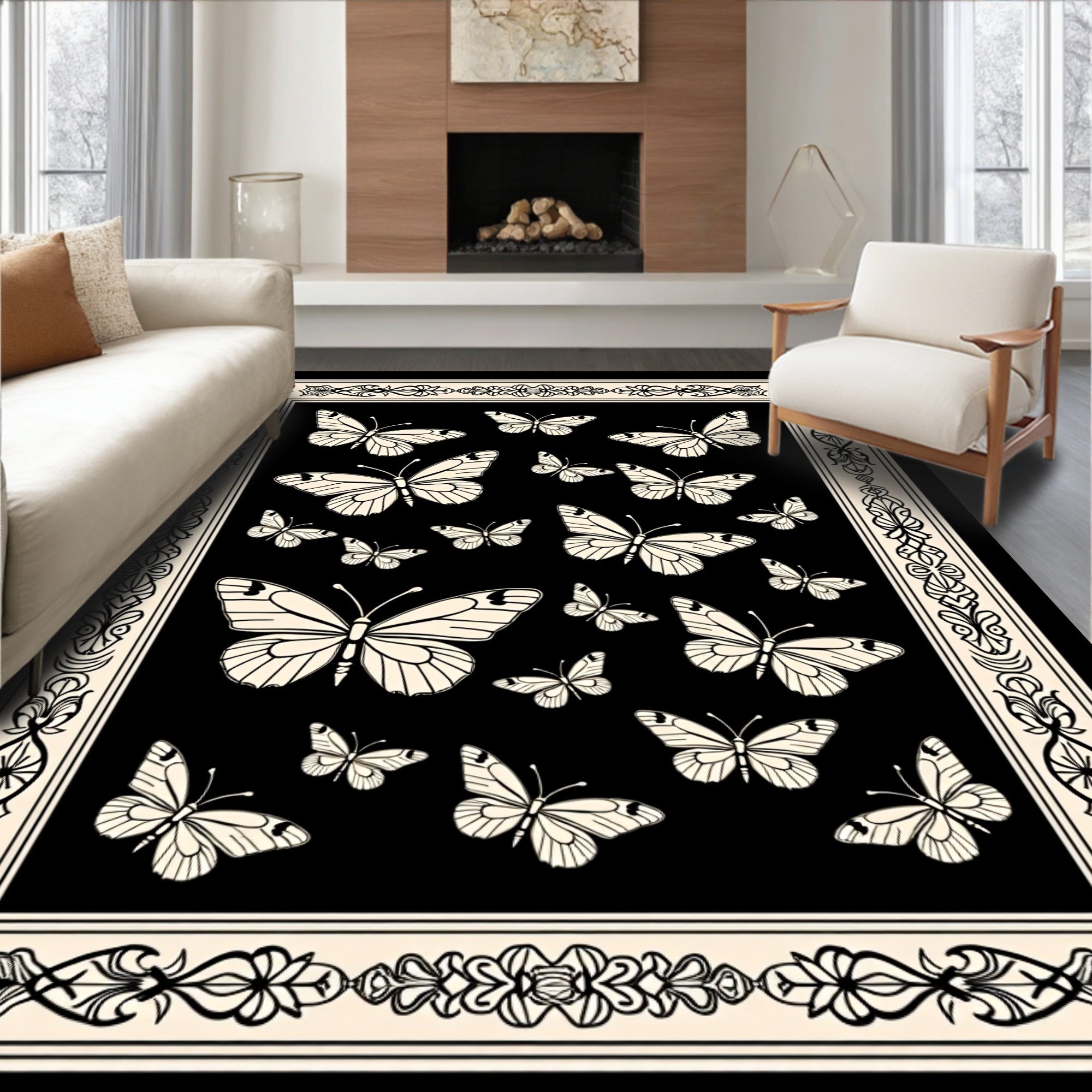 Elegant Butterfly Pattern With Decorative Frame Rug