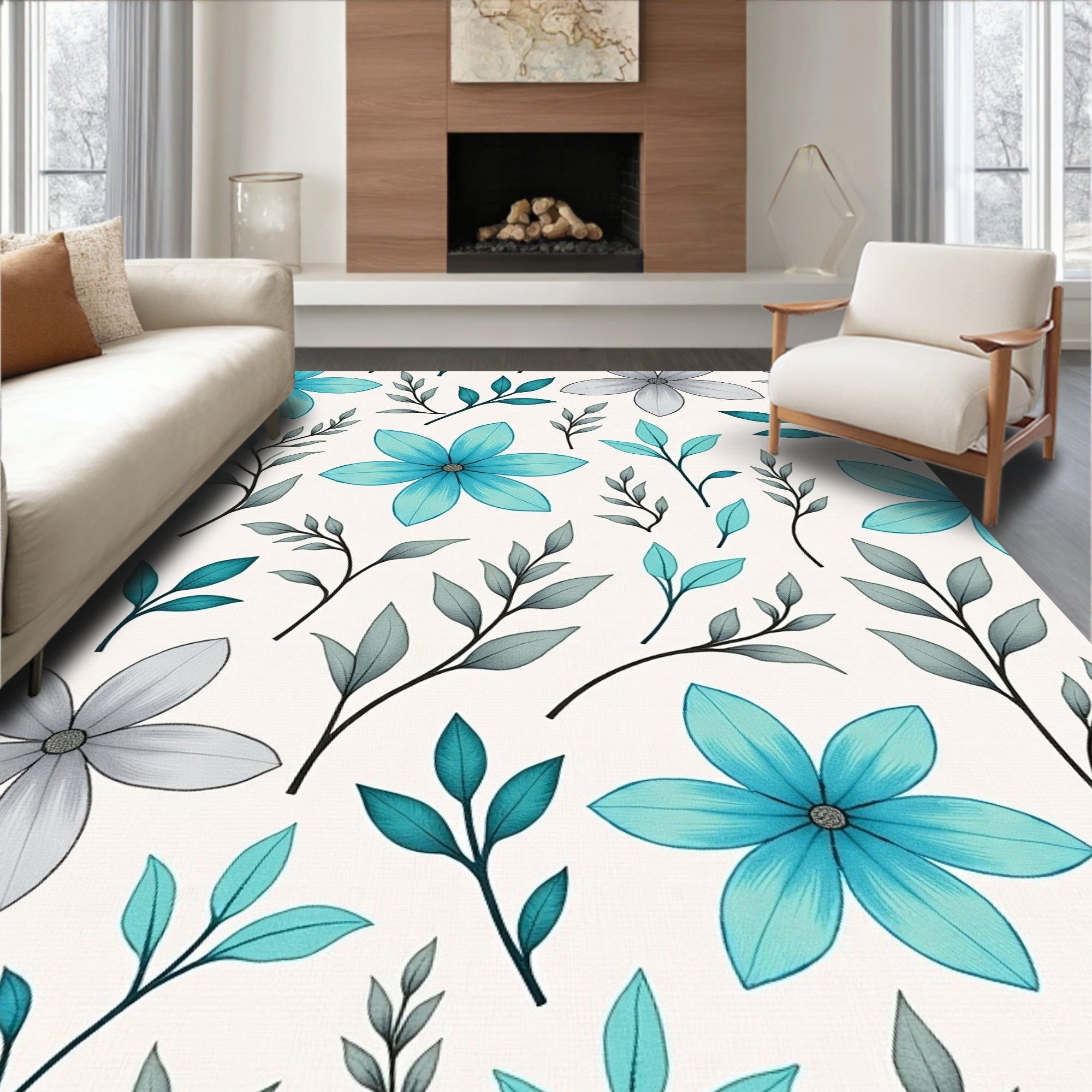 Teal Gray Floral Botanical Pattern Rug