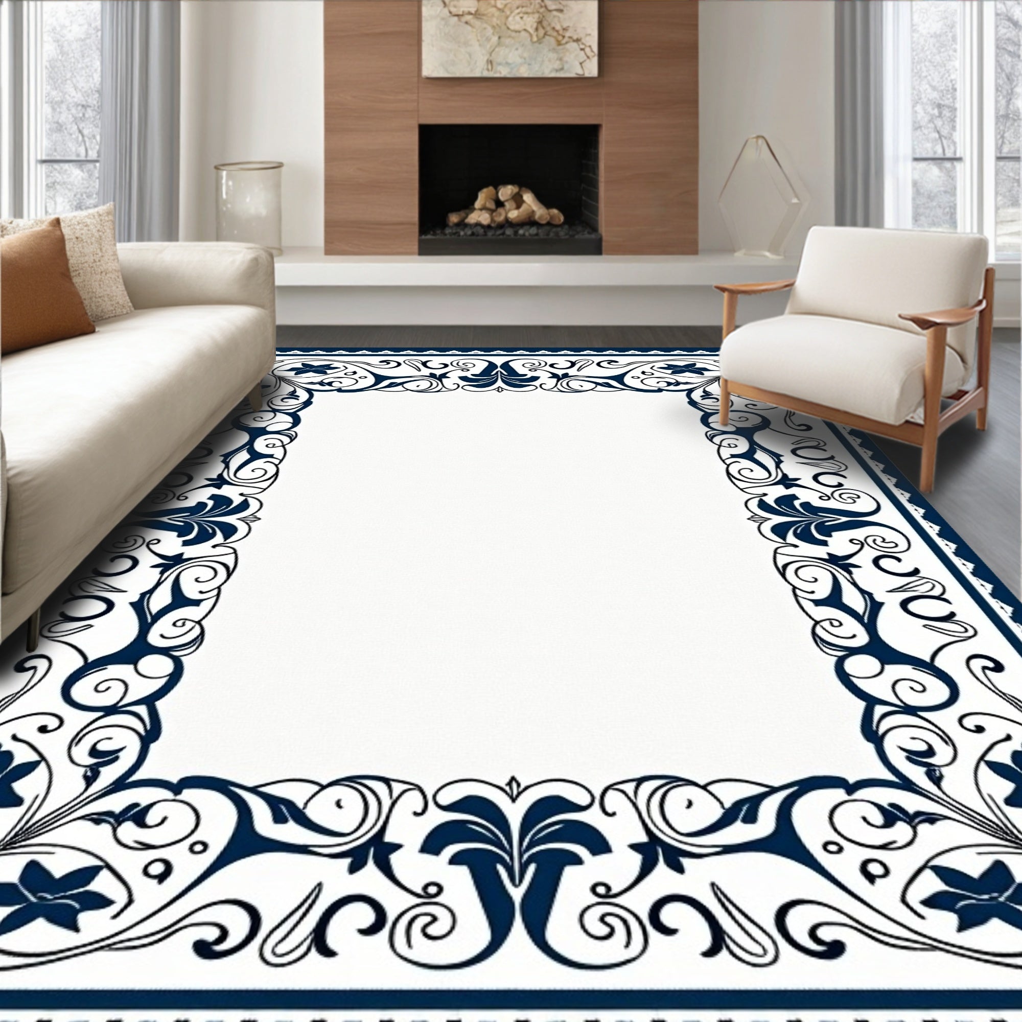 Navy Floral Scroll Border Rug