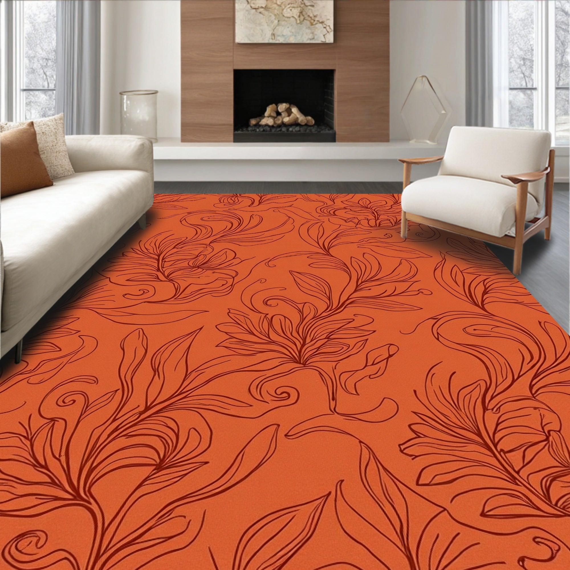 Orange Leaf Patterned Artistic Rug
