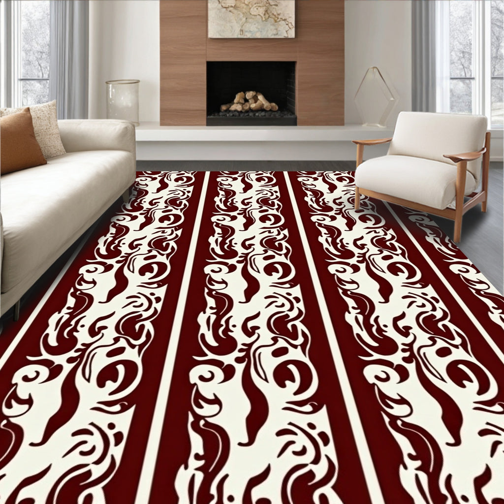 Crimson Cream Ornate Striped Pattern Rug