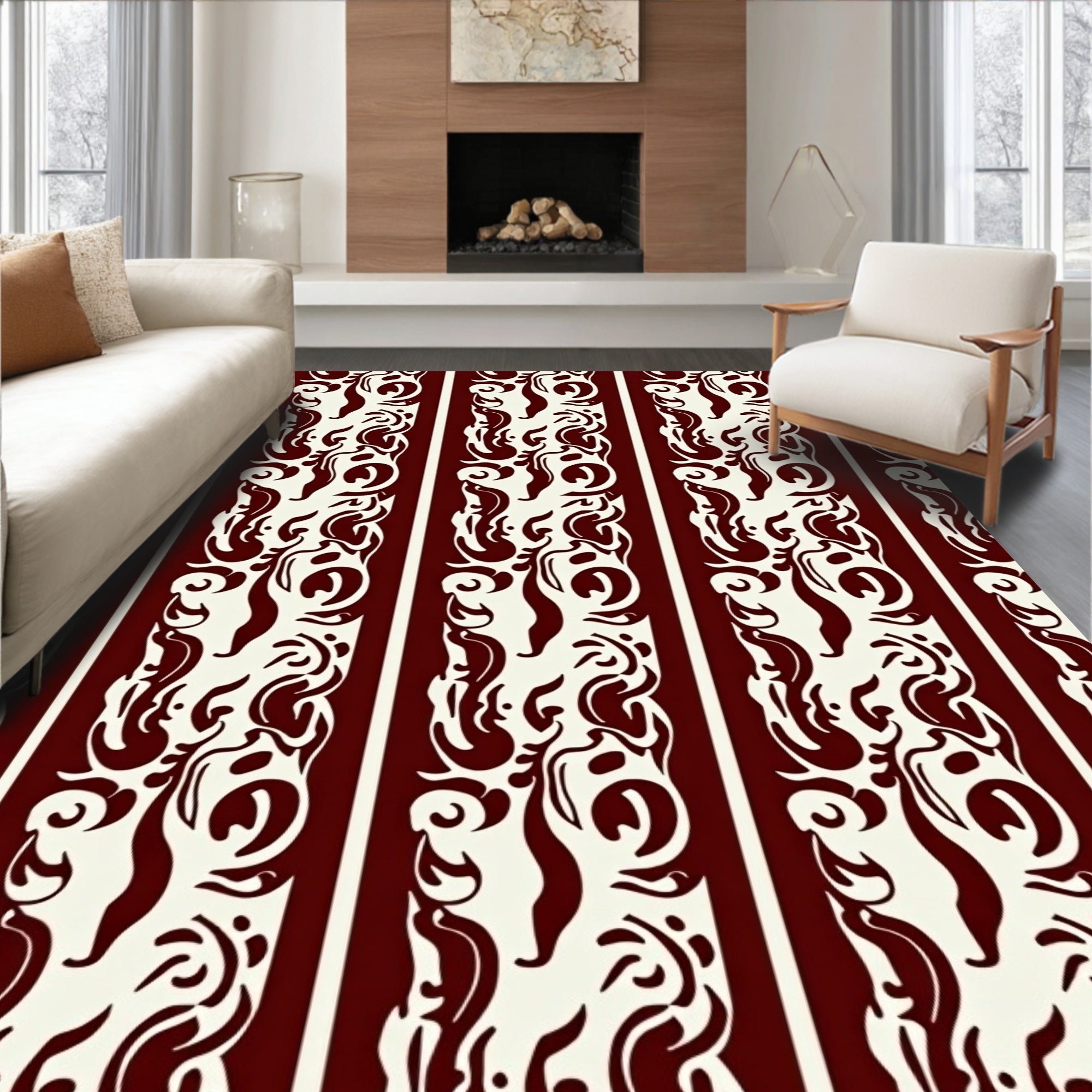 Crimson Cream Ornate Striped Pattern Rug