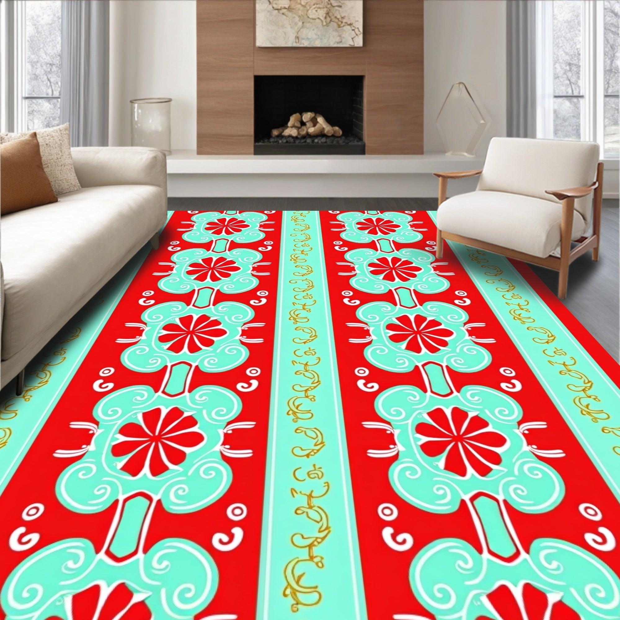 Red Aqua Floral Stripe Medallions Rug