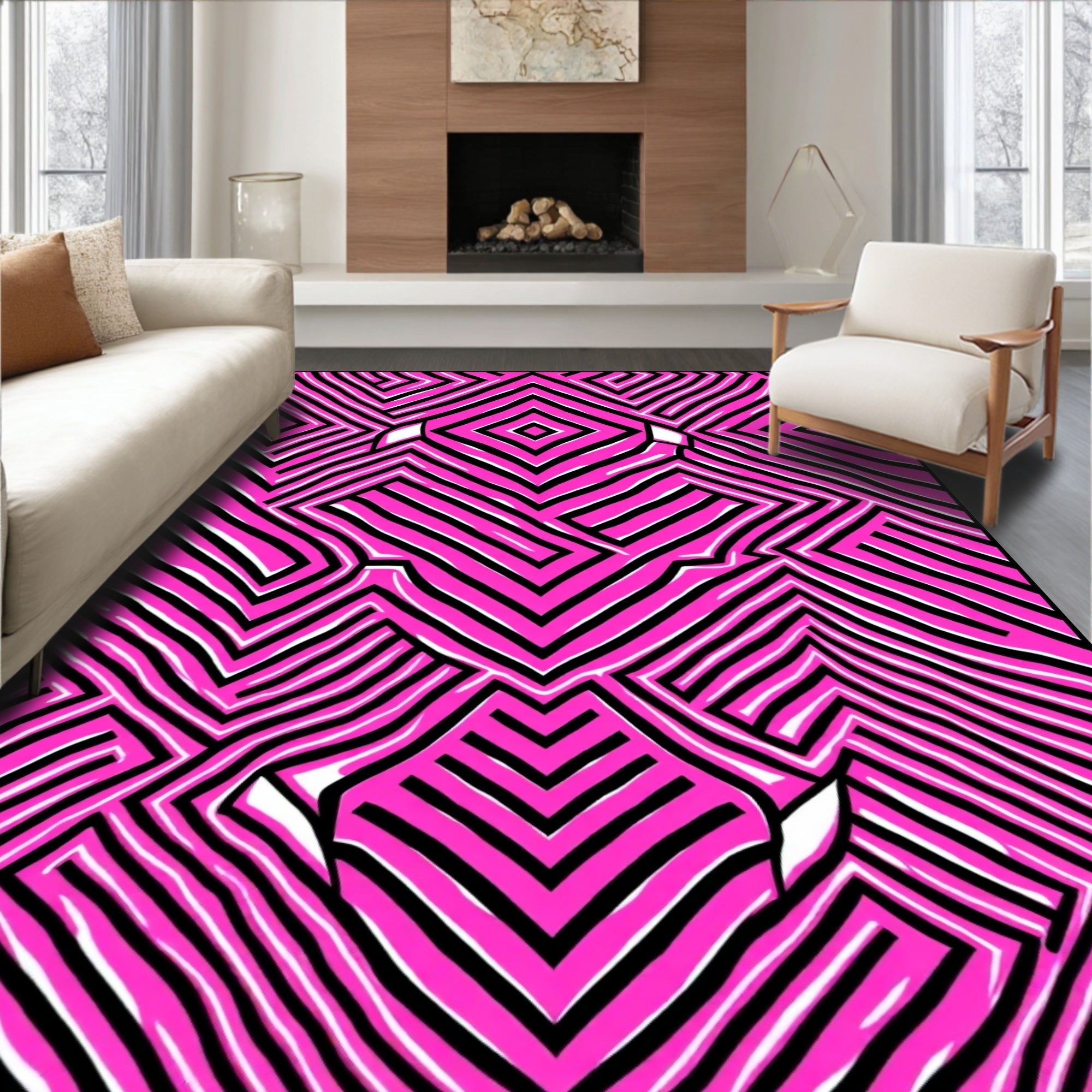 Bold Pink Black Zigzag Maze Rug