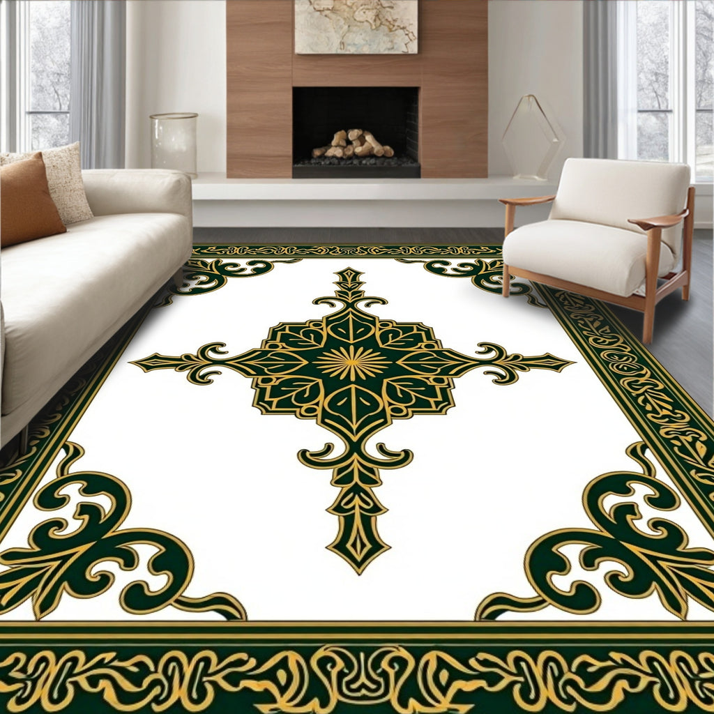 Ornate Dark Green Gold Floral Border Rug