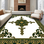 Ornate Dark Green Gold Floral Border Rug
