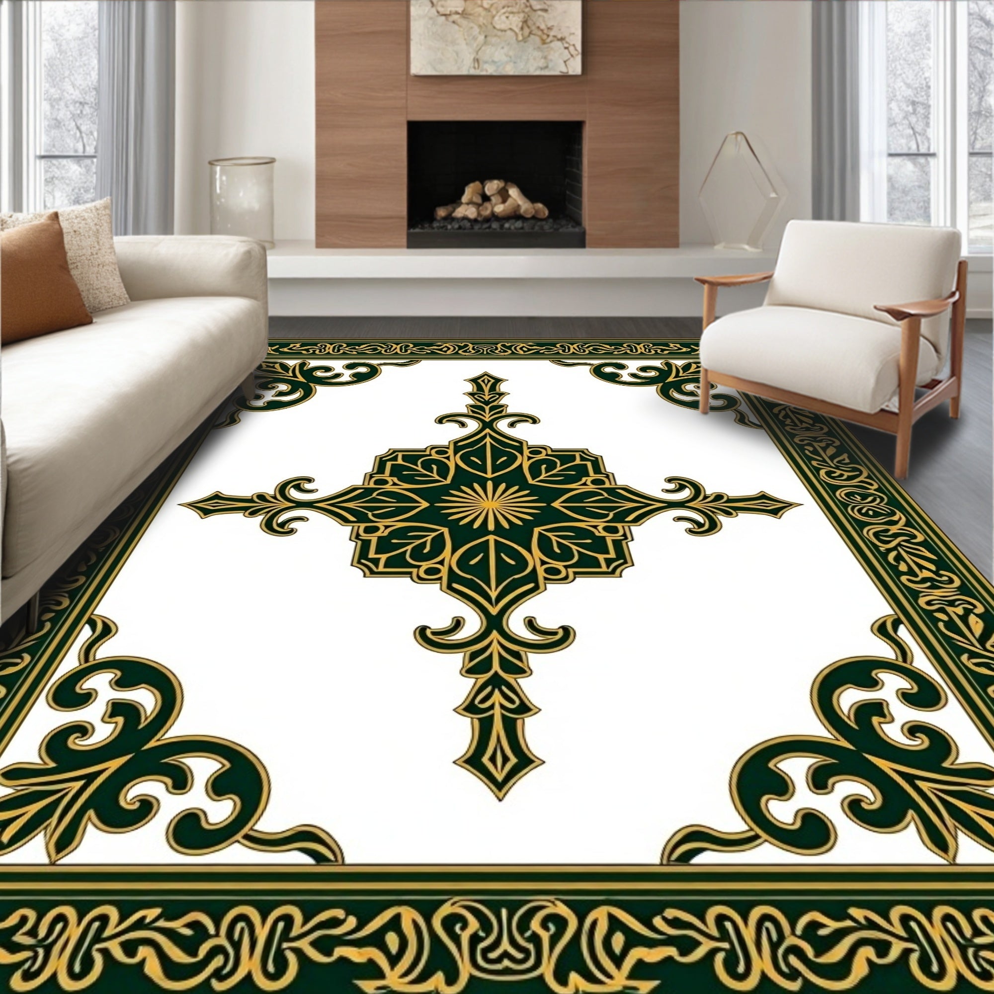 Ornate Dark Green Gold Floral Border Rug