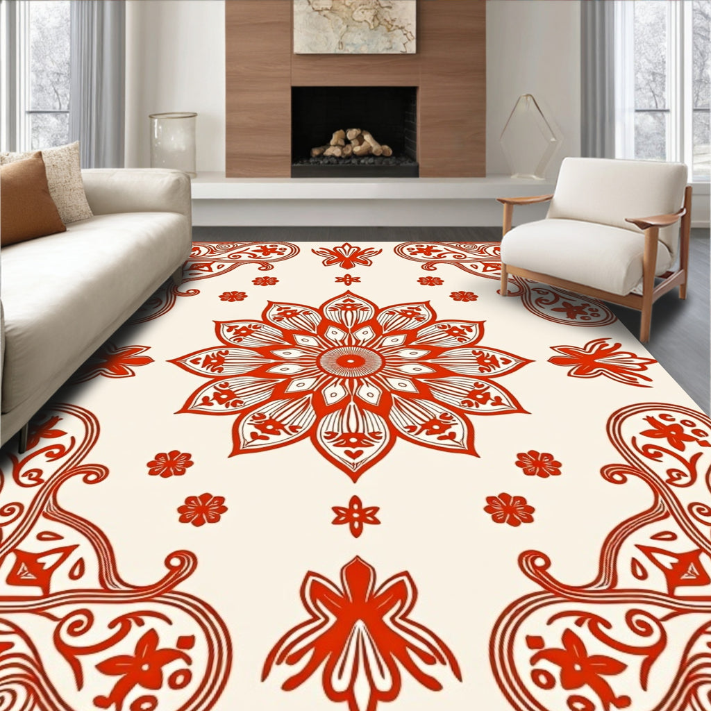 Mandala Flower Patterned Red Design Rug