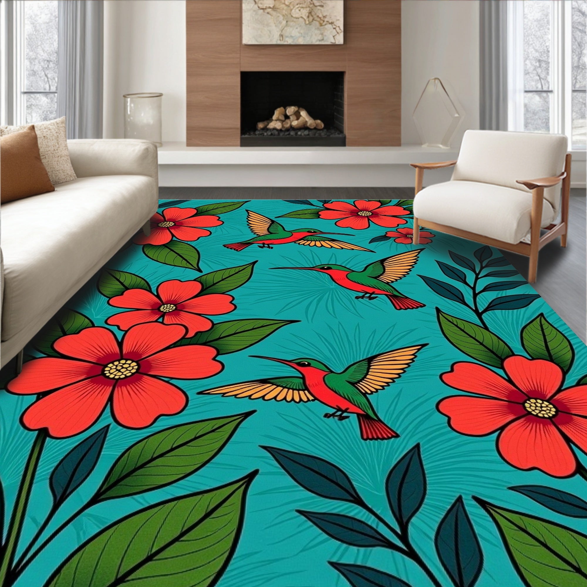 Tropical Hummingbird And Floral Pattern Rug