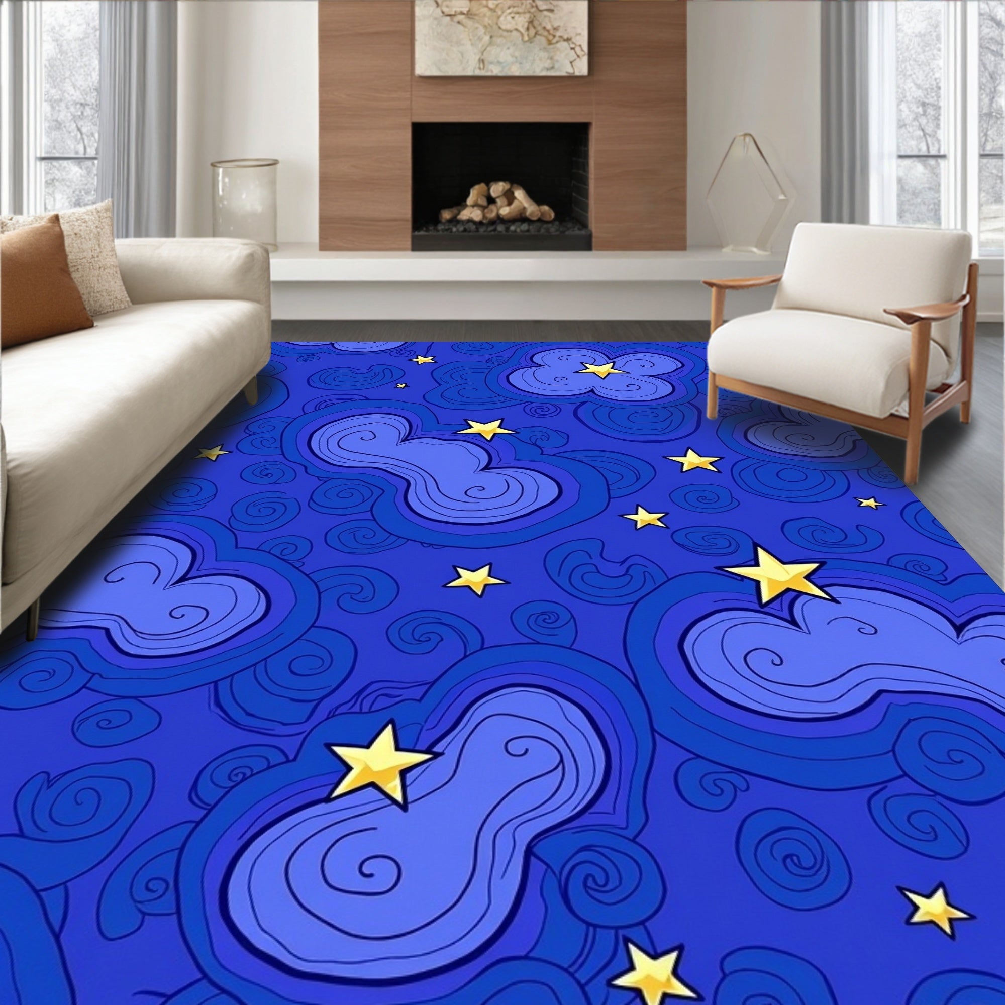 Deep Blue Starry Night Clouds Rug