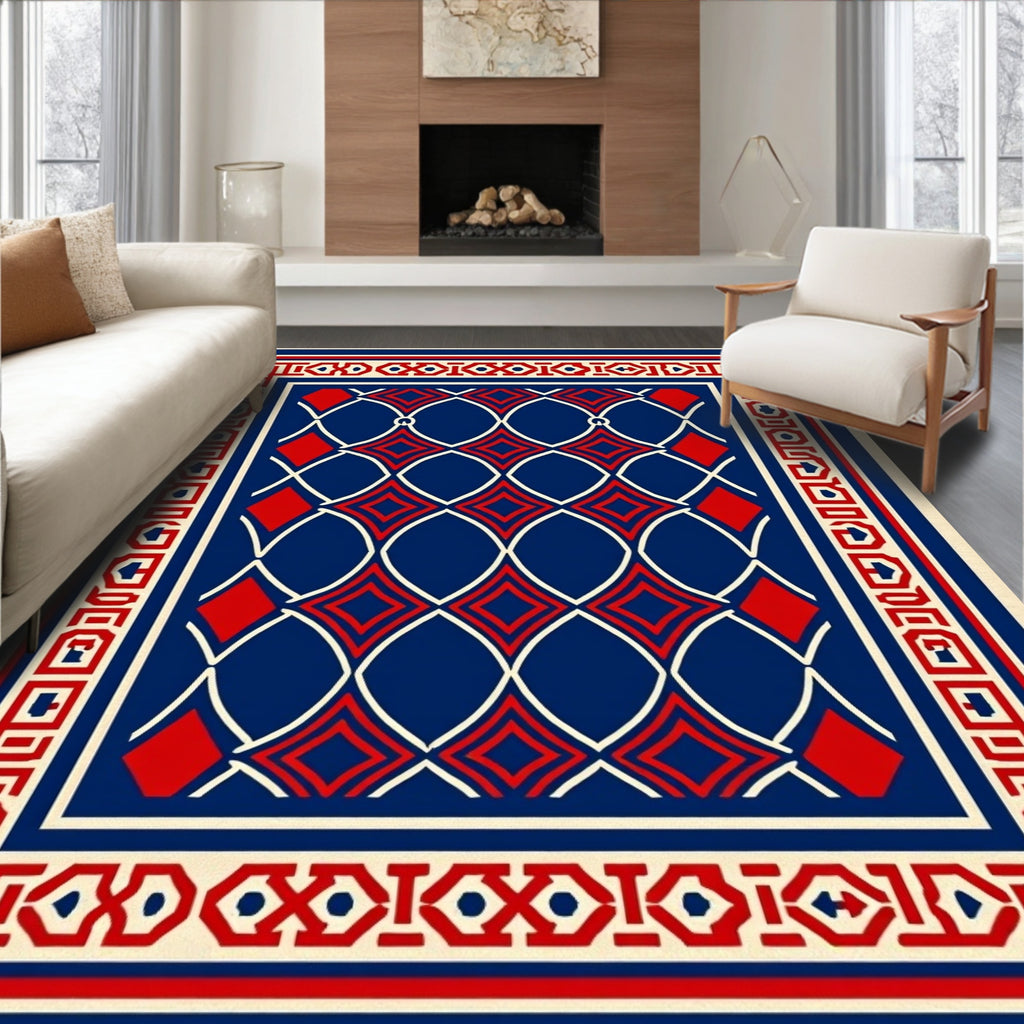 Classic Geometric Red White Blue Design Rug