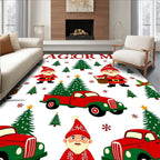 Cheerful Gnomes Red Truck Christmas Trees Rug