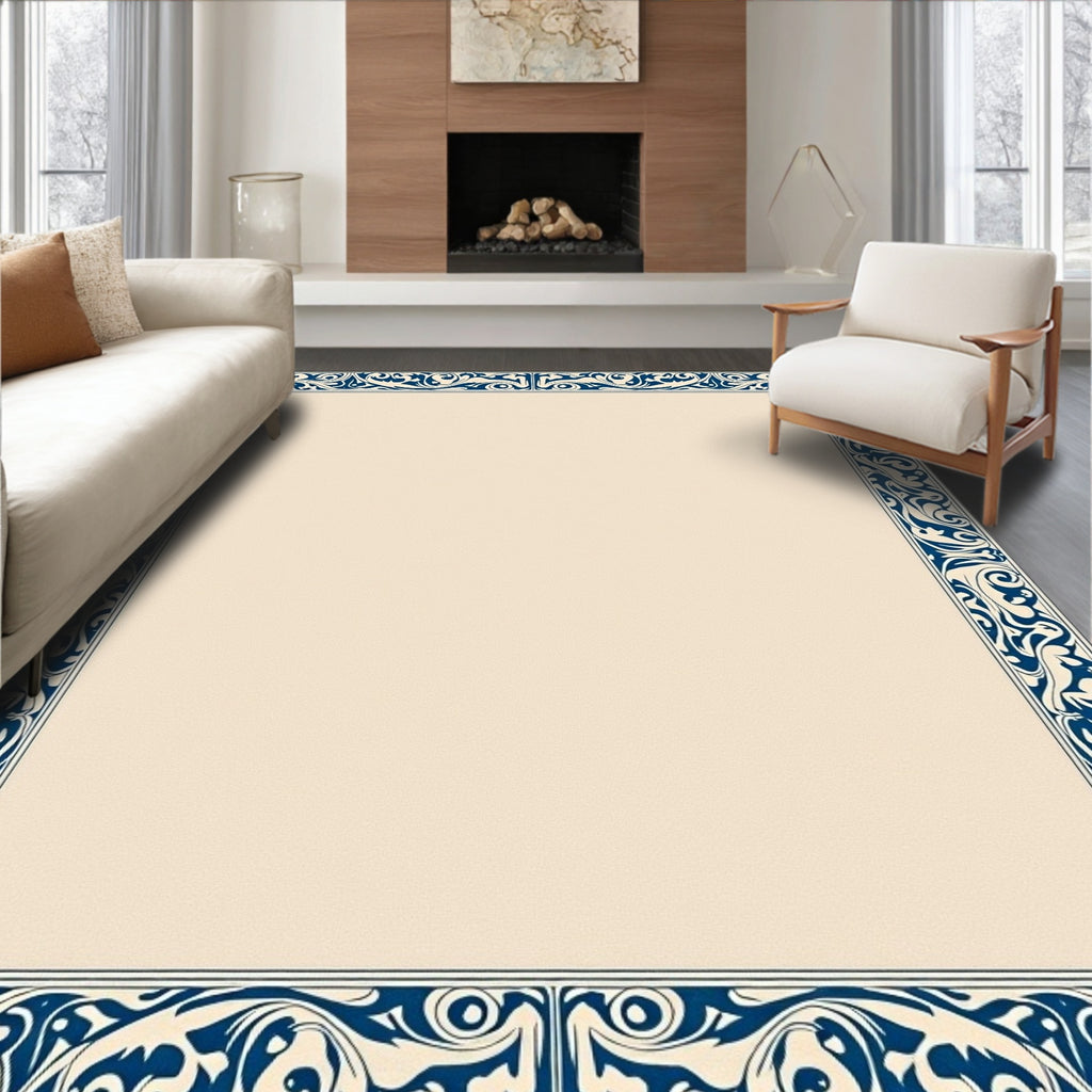 Classic Blue Beige Floral Border Rug