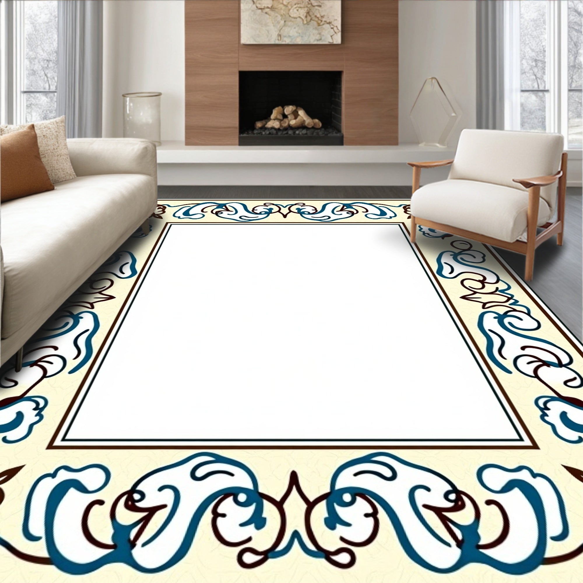 Ornate Cream Blue Brown Floral Border Rug