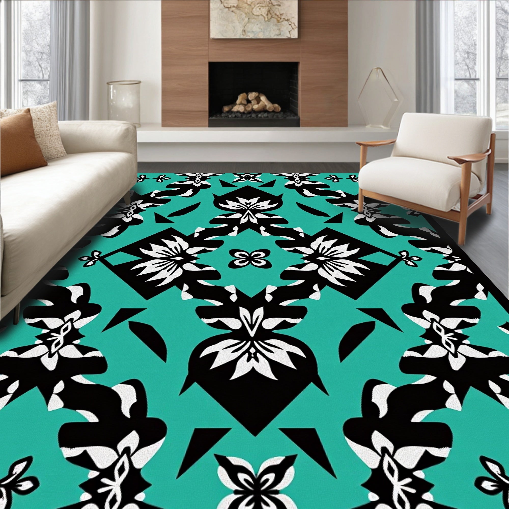 Bold Floral Geometric Teal Rug