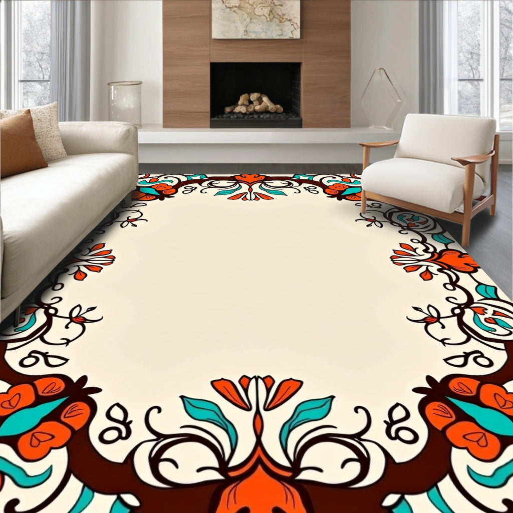 Elegant Ornate Floral Border Rug