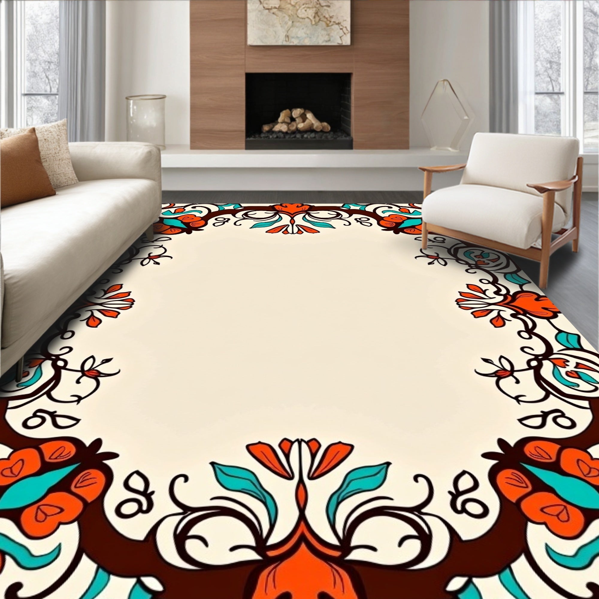Elegant Ornate Floral Border Rug