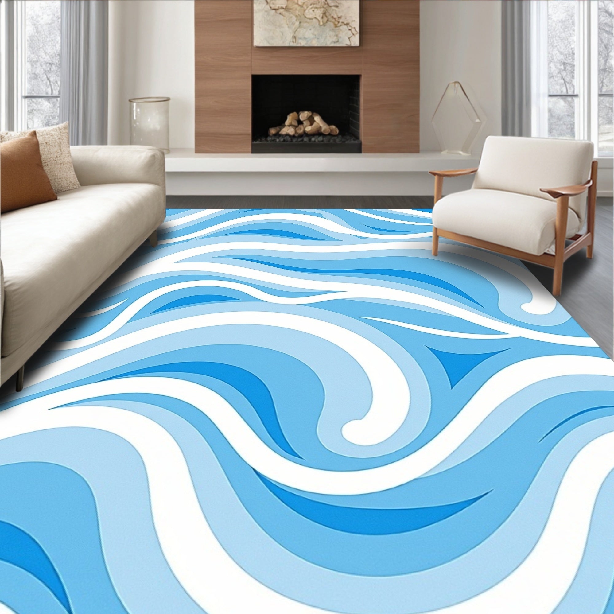 Abstract Blue Wave Pattern Rug