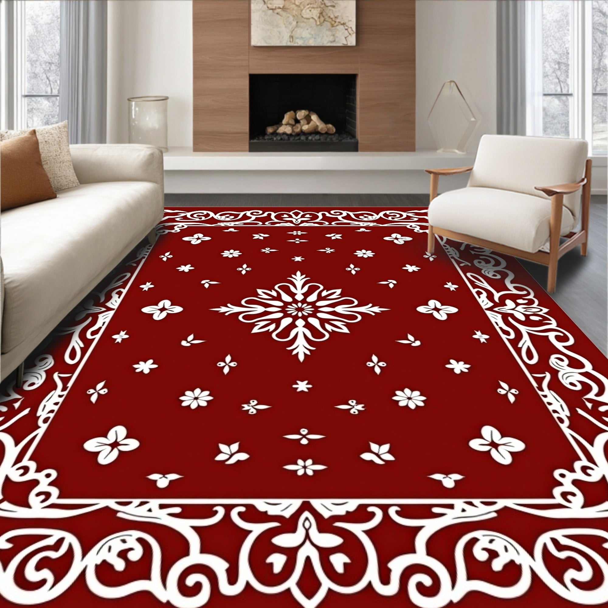 Crimson Floral Damask Patterned Rug