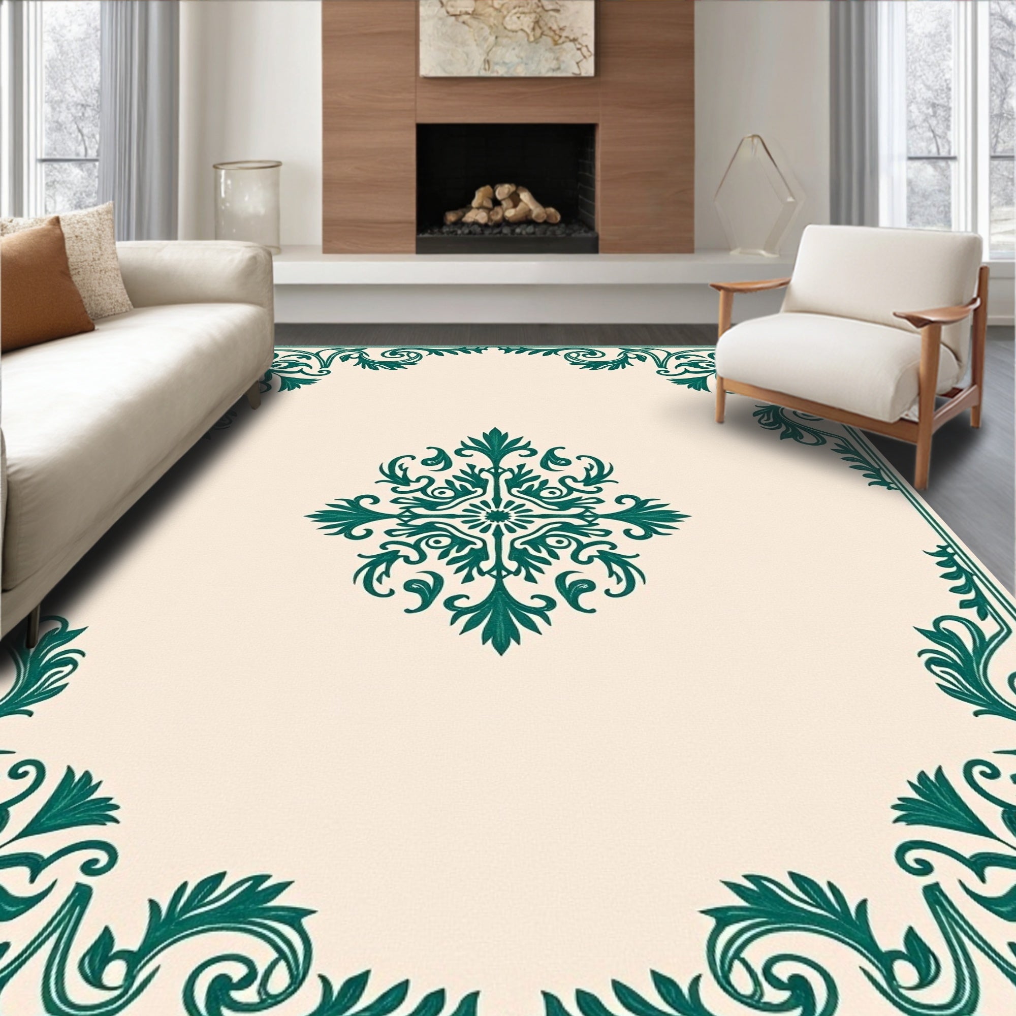 Elegant Teal Floral Medallion Motif Rug