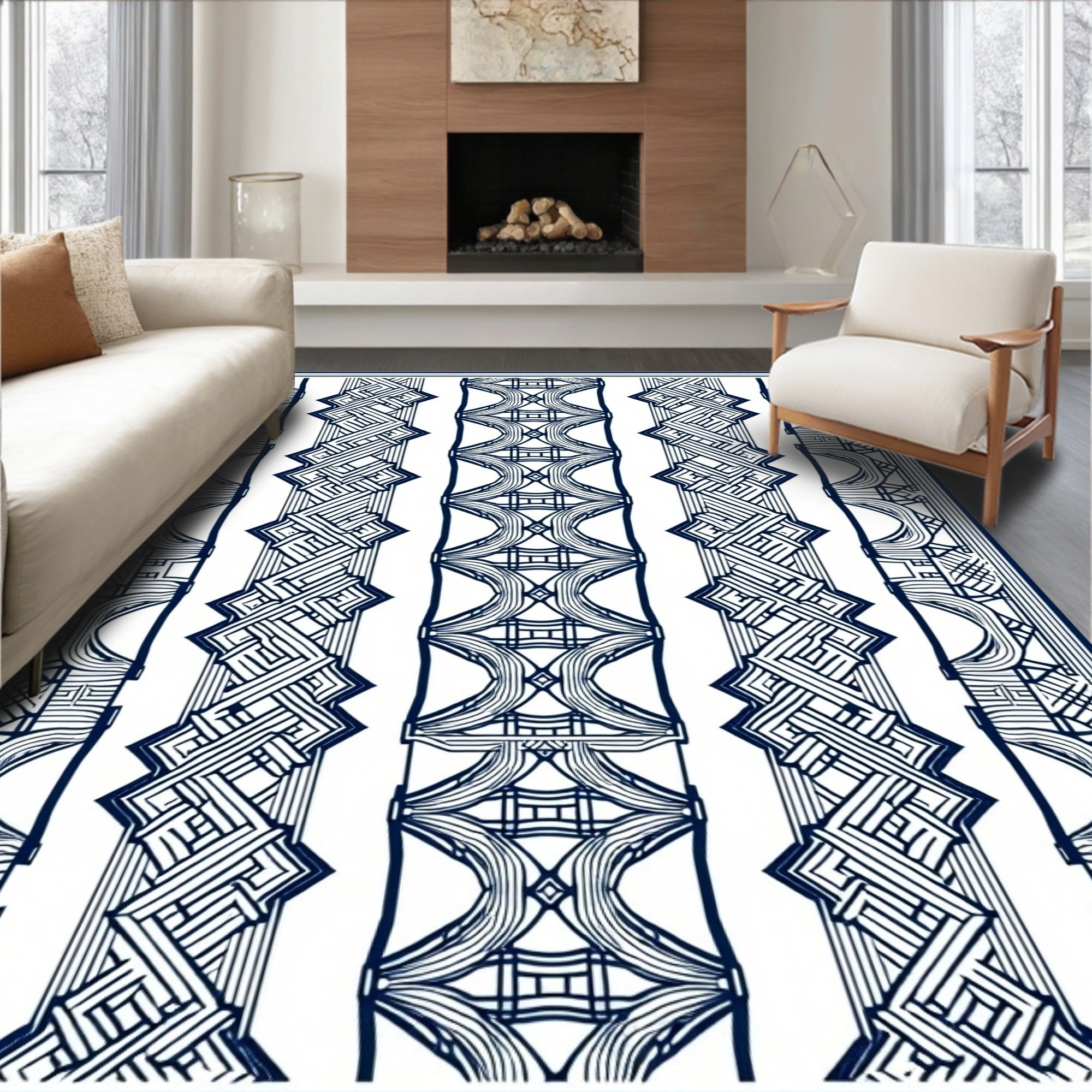 Dark Blue White Vertical Geometric Pattern Rug