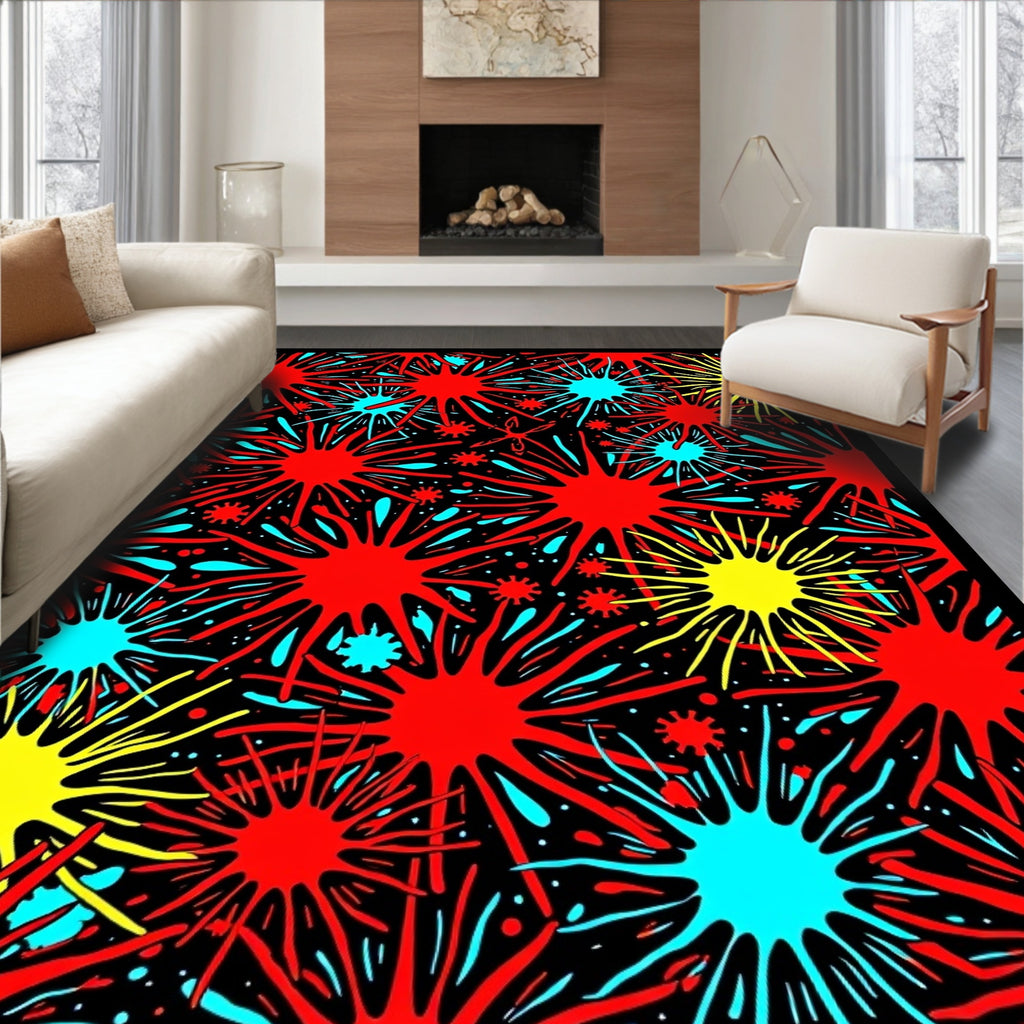 Vibrant Red Aqua Yellow Starburst Design Rug