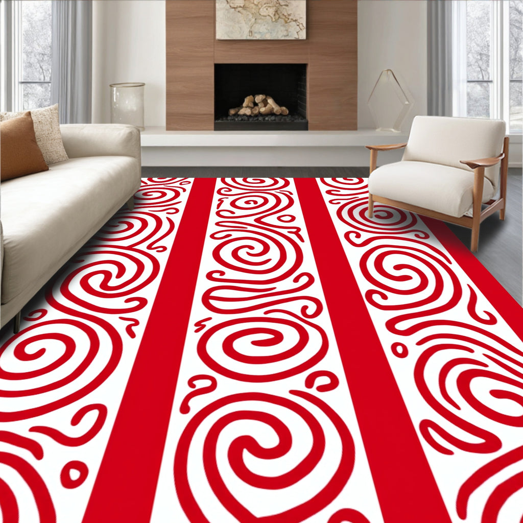 Red White Swirling Stripe Rug