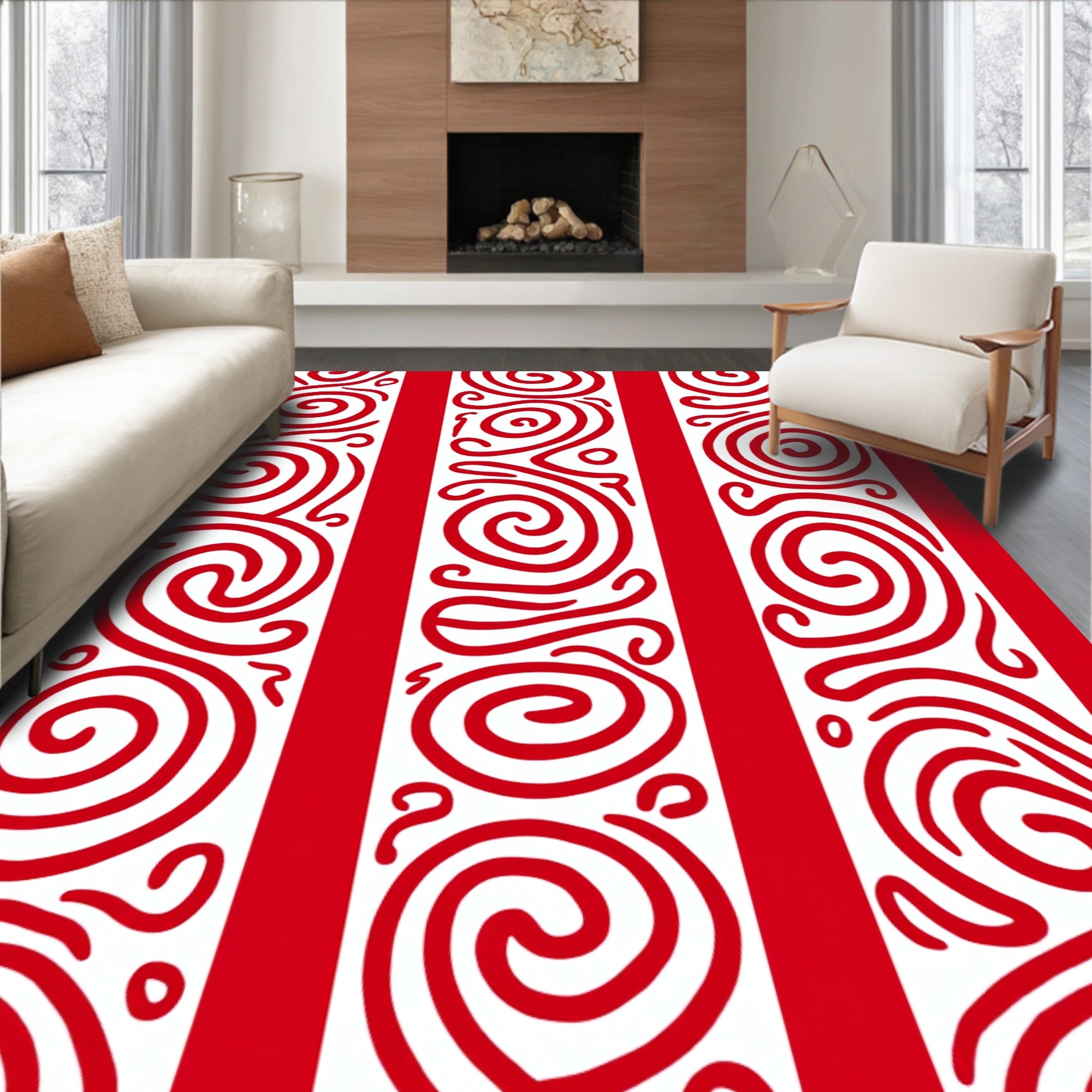 Red White Swirling Stripe Rug