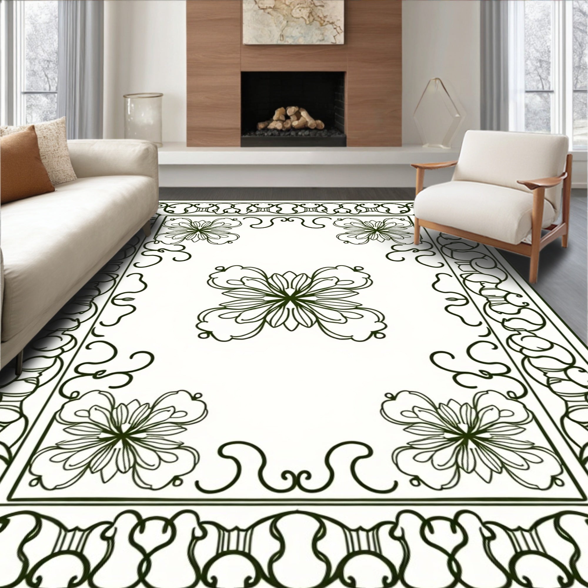 Ornate Floral Patterned Scrollwork Rug