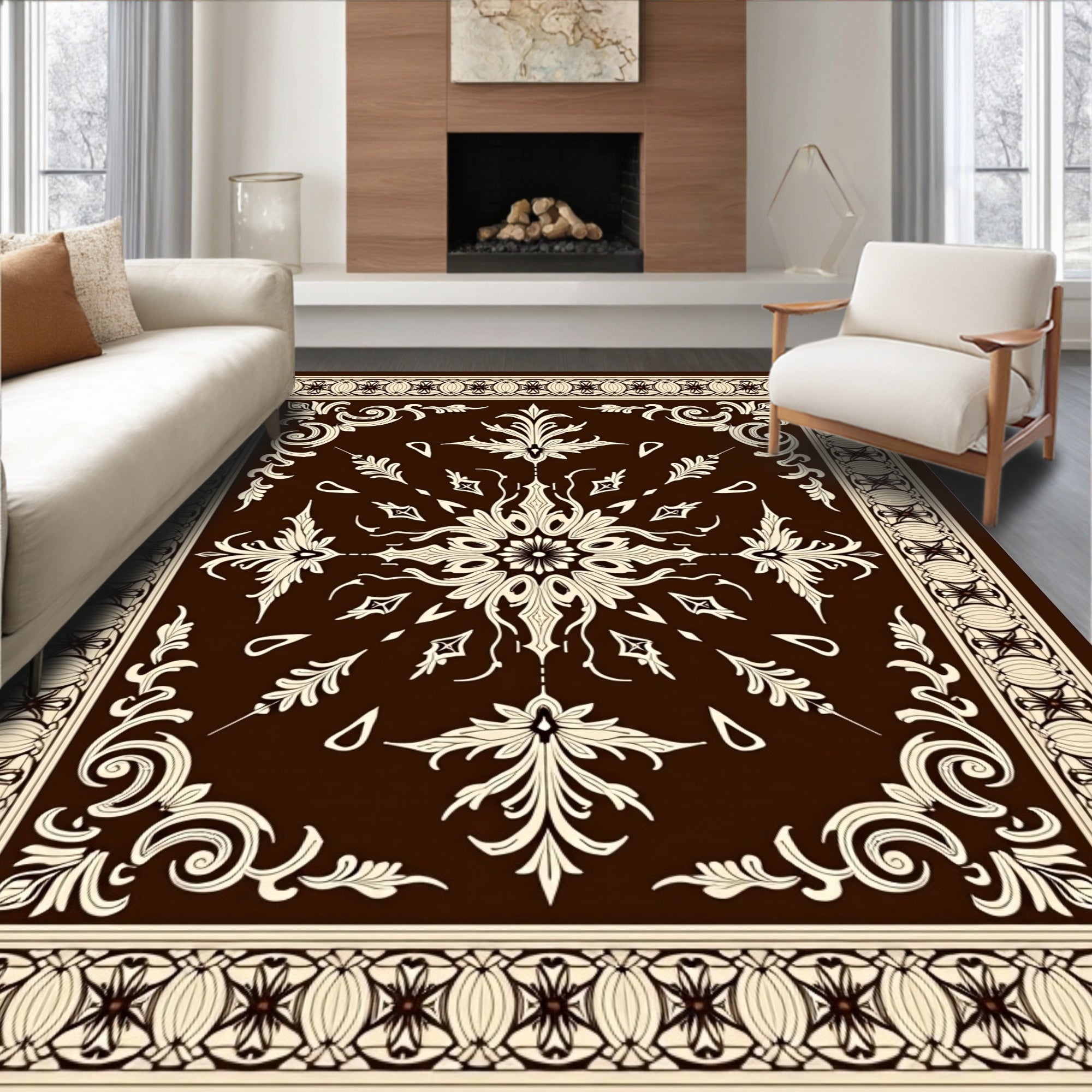Rich Brown Cream Floral Scroll Border Rug