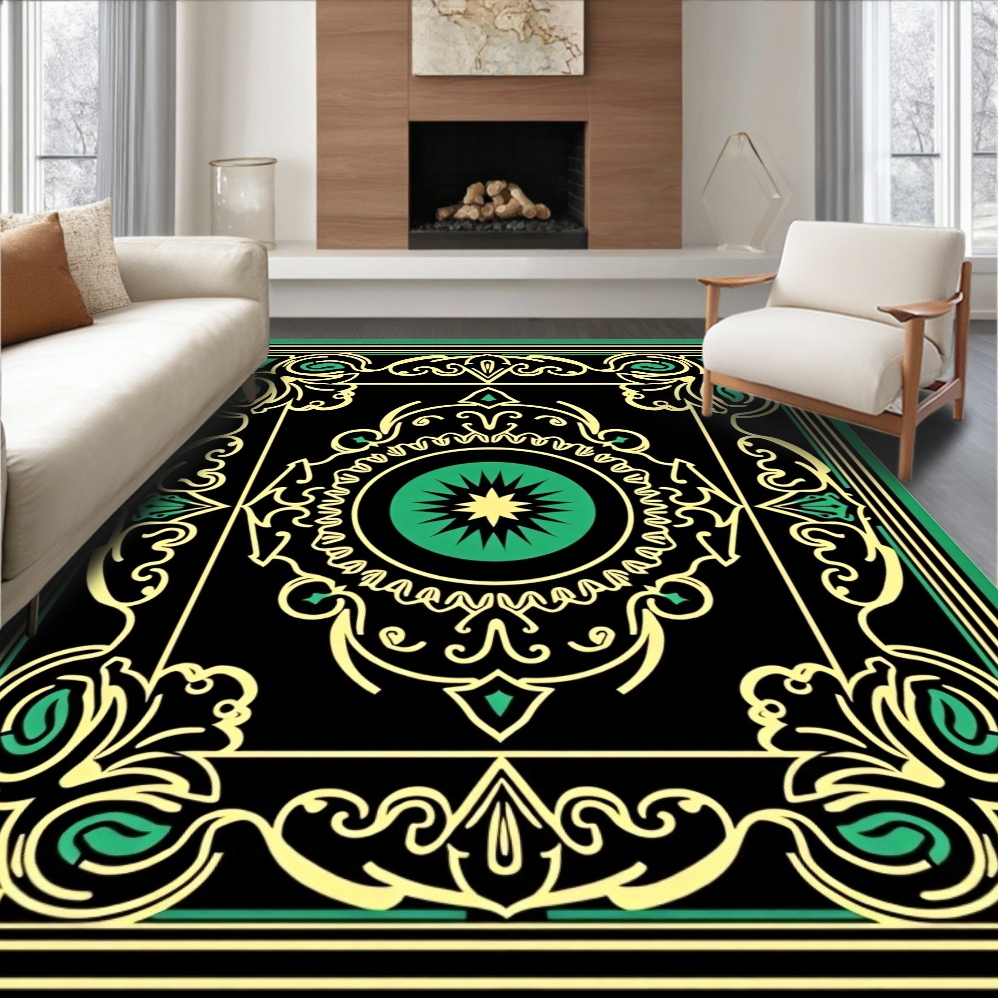 Ornate Black Green Golden Pattern Rug