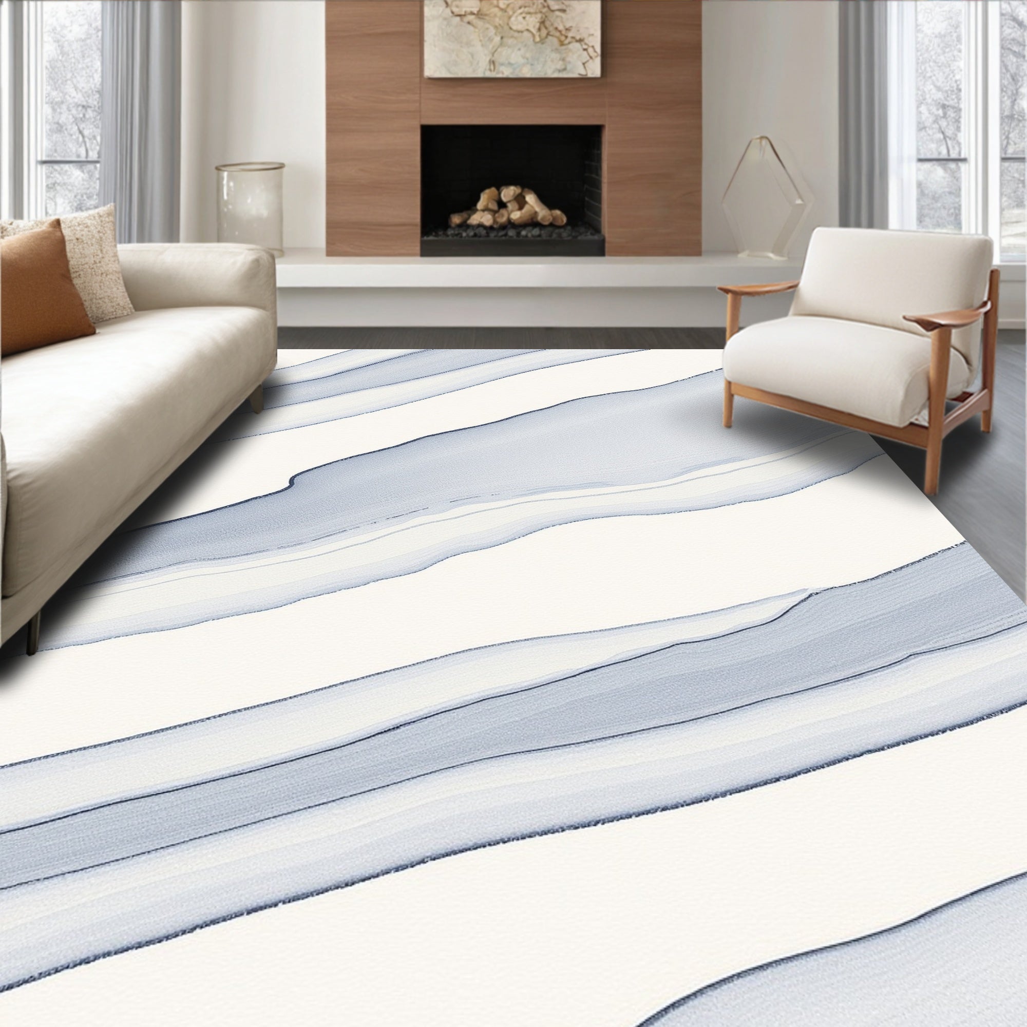 Abstract Blue Streaked Curve Design Rug
