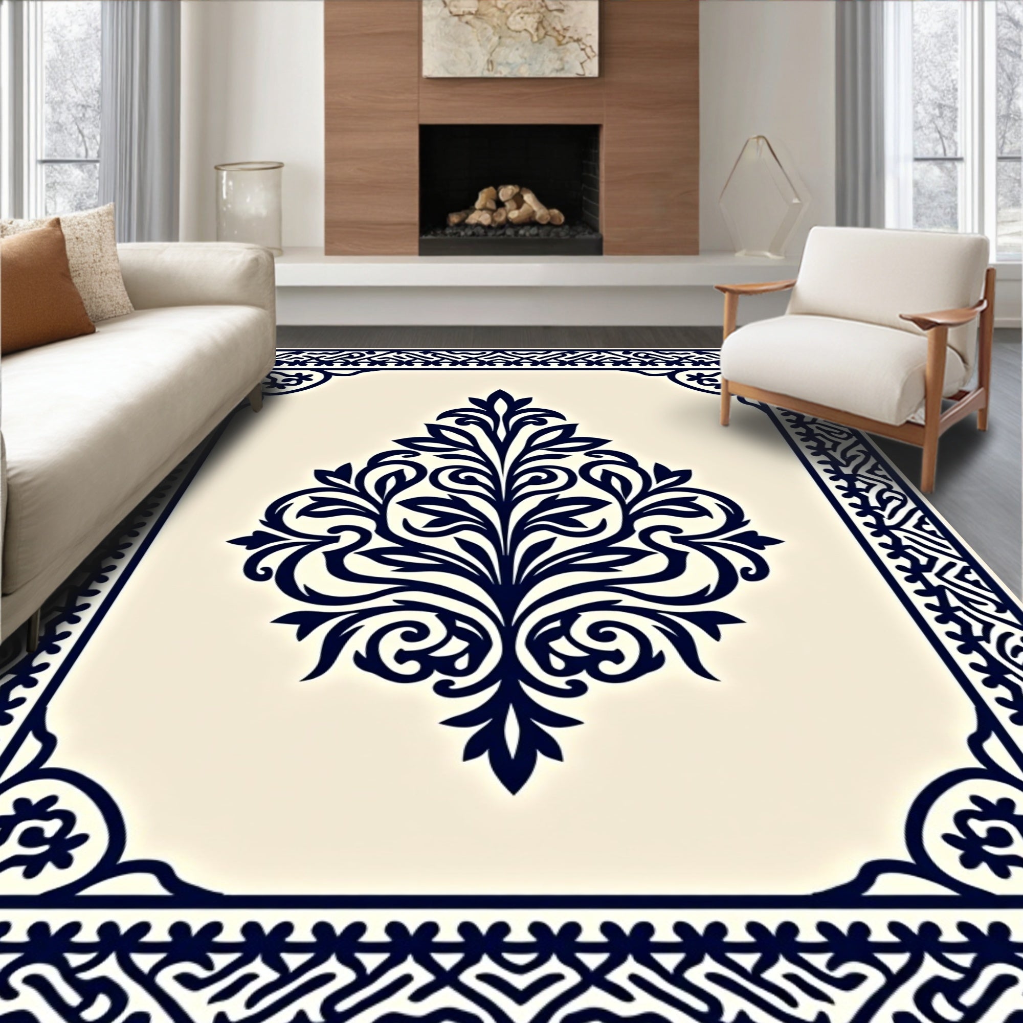 Dark Blue Traditional Floral Damask Rug