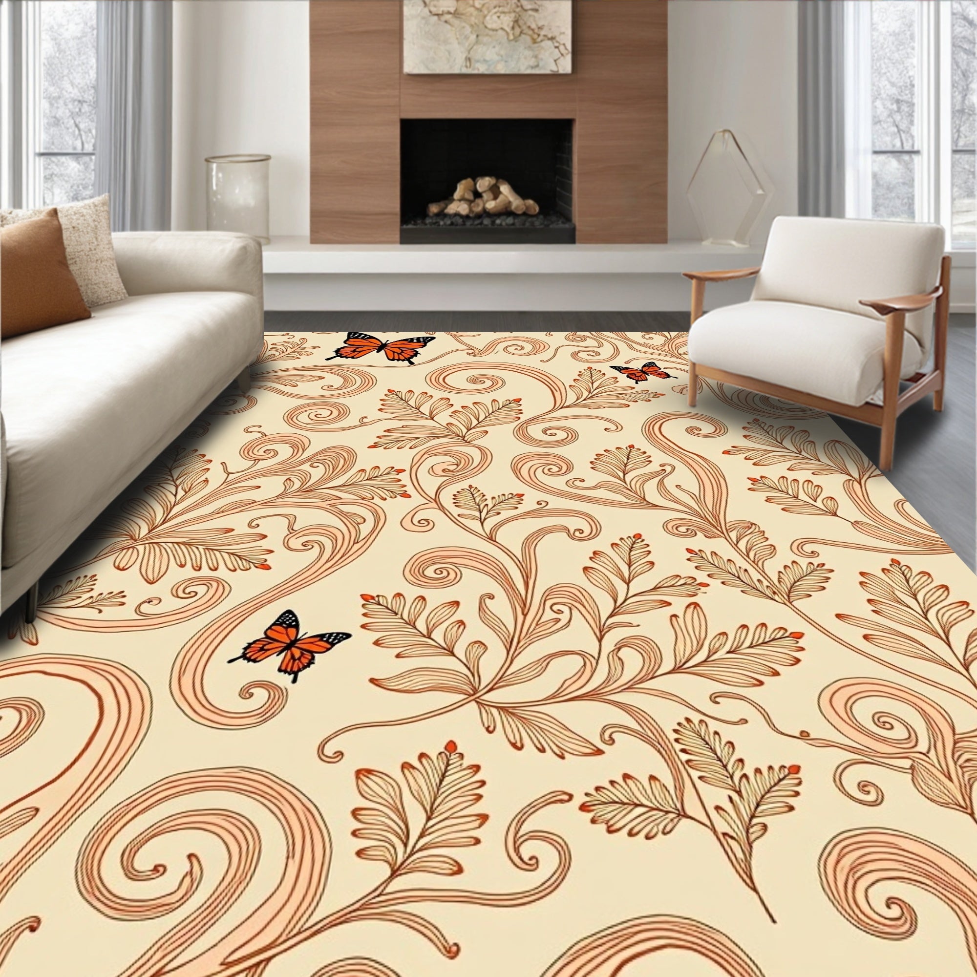 Orange Butterfly Floral Swirl Design Rug
