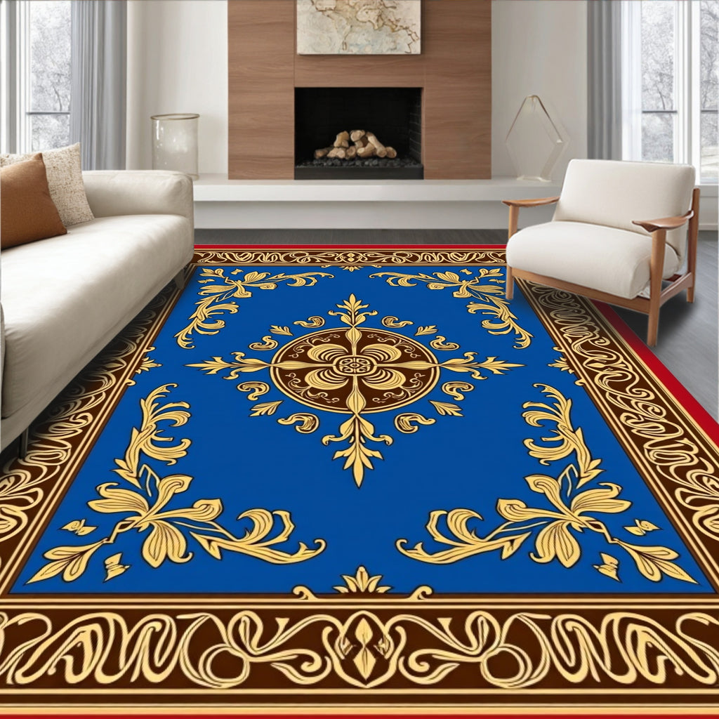 Ornate Blue Gold Floral Border Rug