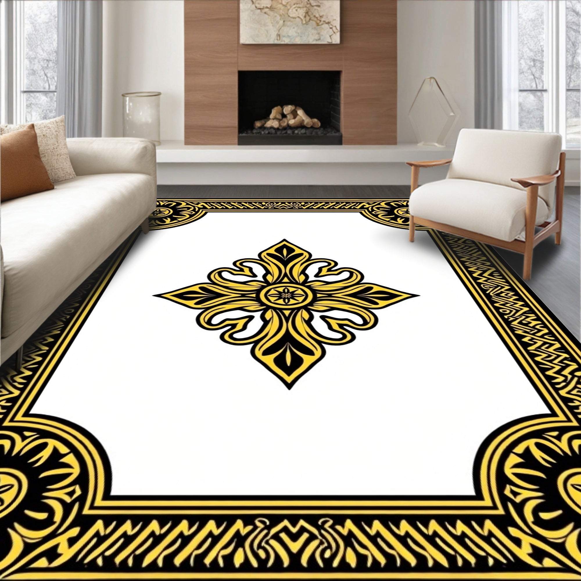 Ornate Gold Floral Centerpiece Frame Rug