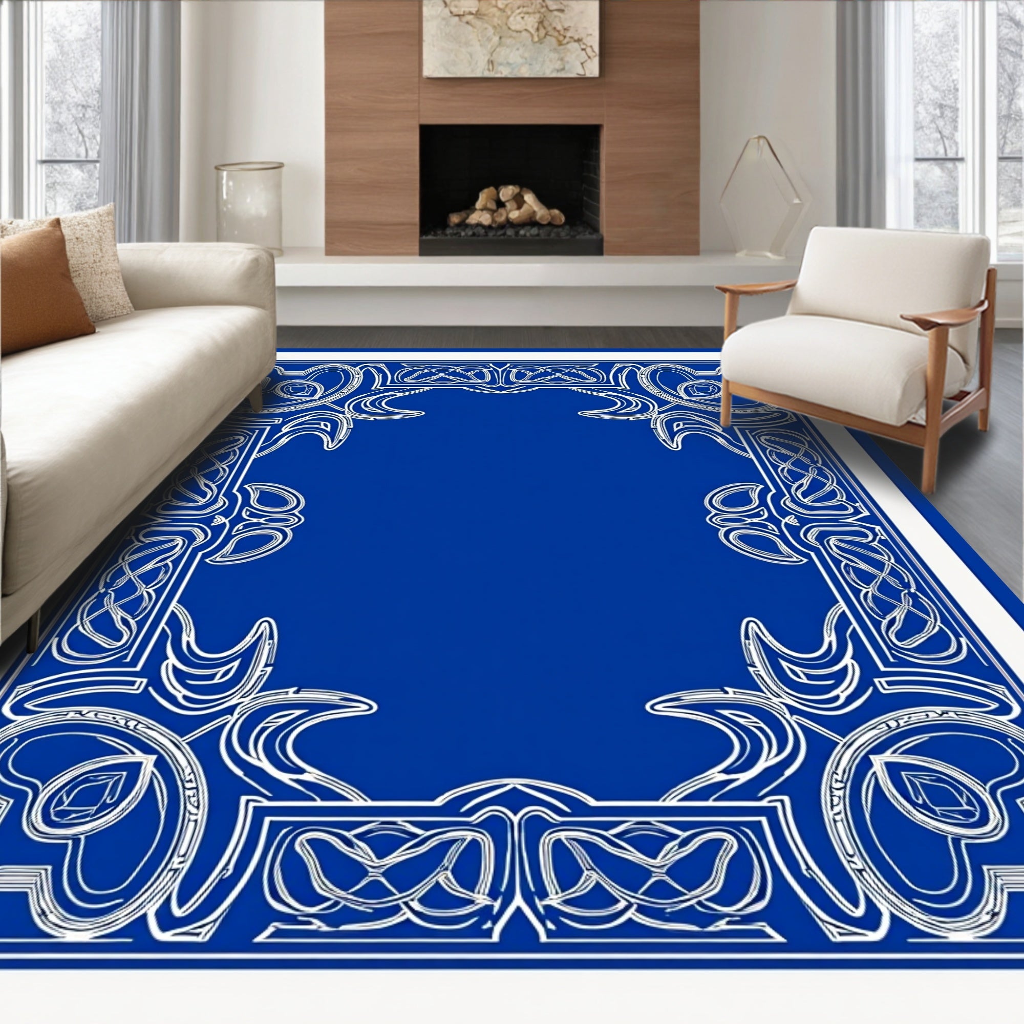 Ornate White Celtic Knot Border Rug