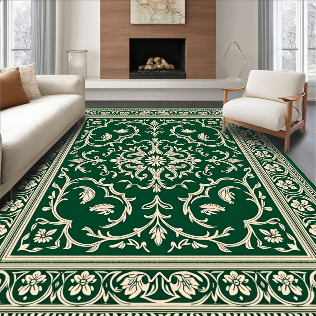 Classic Floral Scrollwork Green Rug
