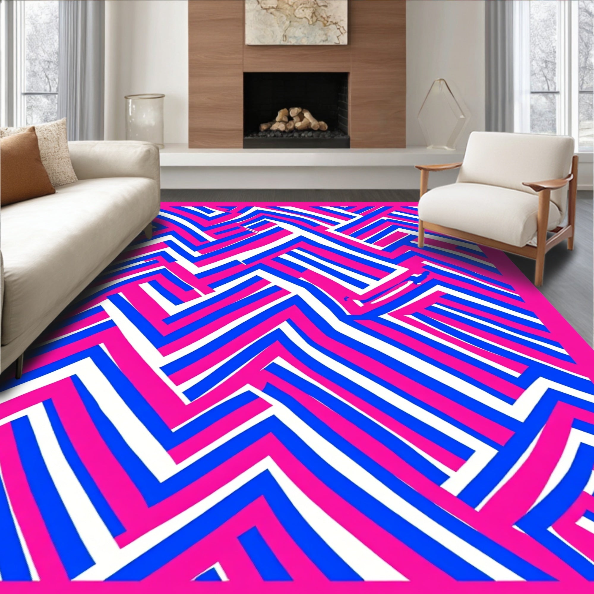 Bold Blue White Pink Zigzag Pattern Rug