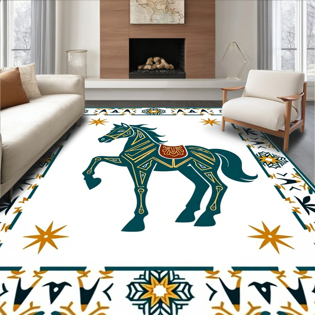 Dark Blue Horse Geometric Border Design Rug