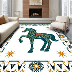 Dark Blue Horse Geometric Border Design Rug