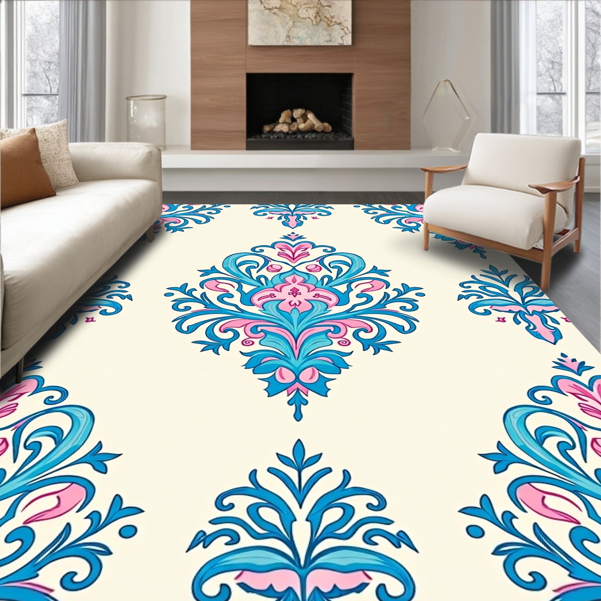 Ornate Floral Damask Pattern Rug