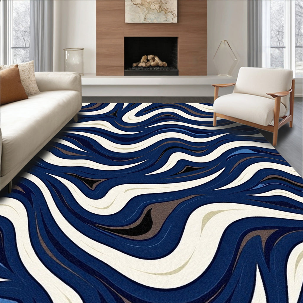 Dynamic Wavy Blue Cream Abstract Rug