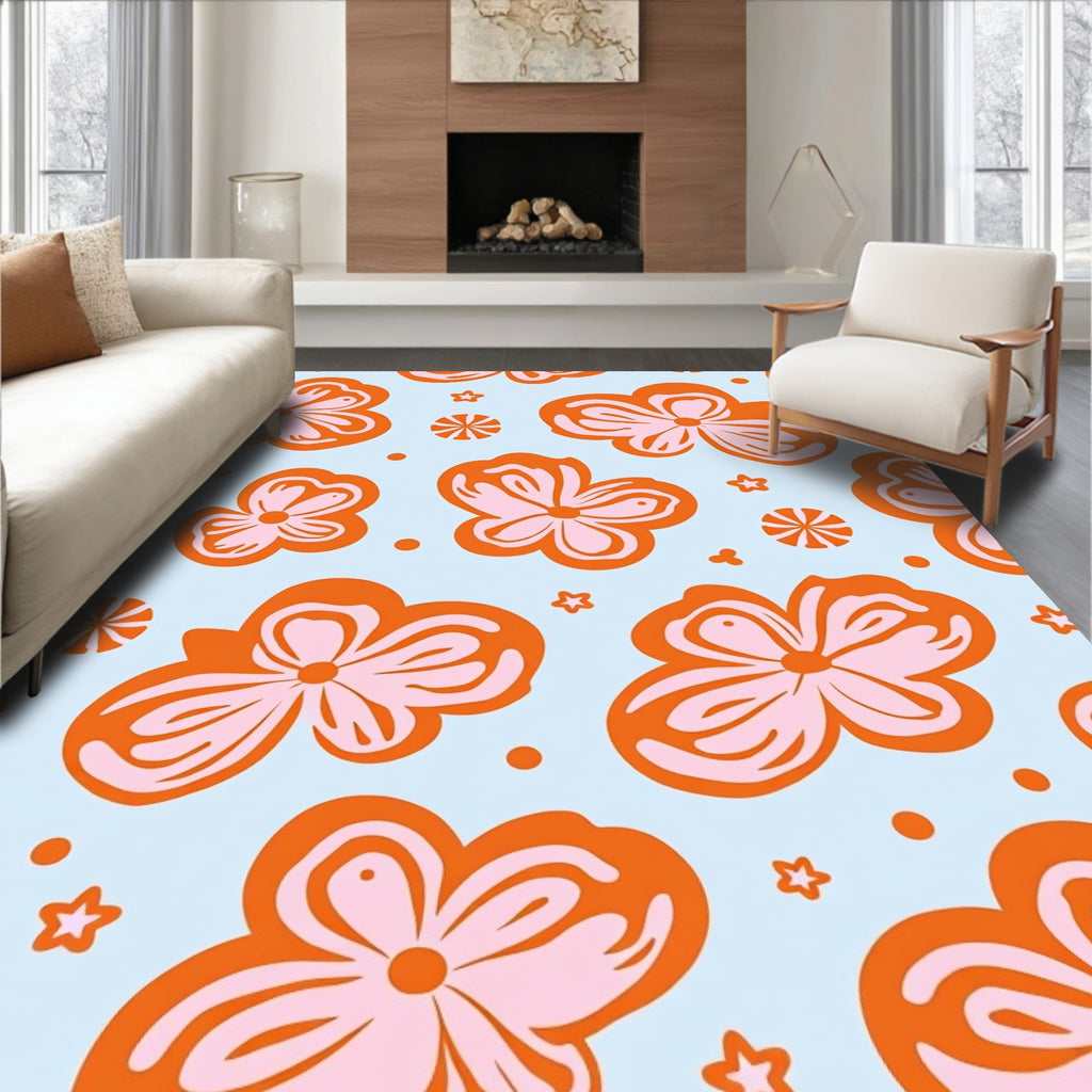 Groovy Orange Pink Floral Pattern Rug