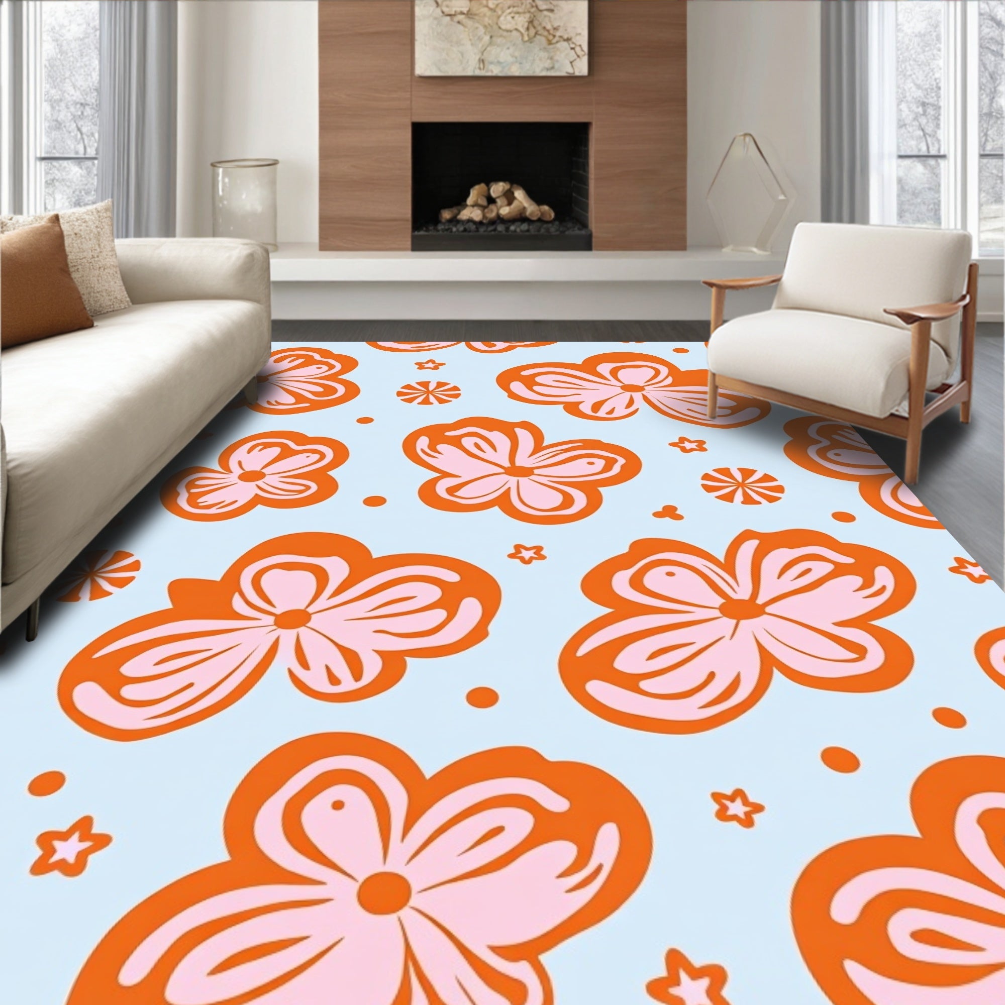 Groovy Orange Pink Floral Pattern Rug