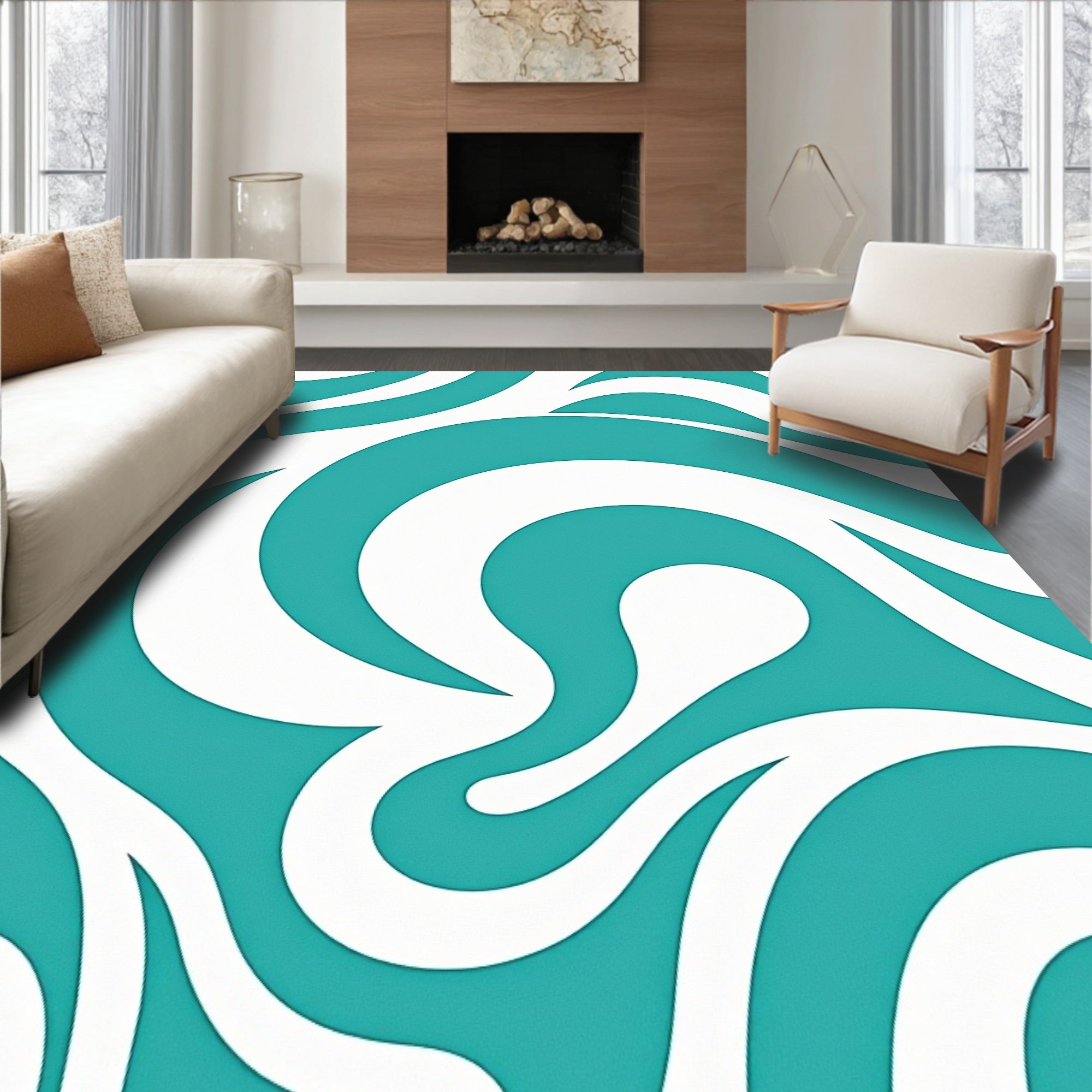 Teal And White Swirl Graphic Pattern Rug